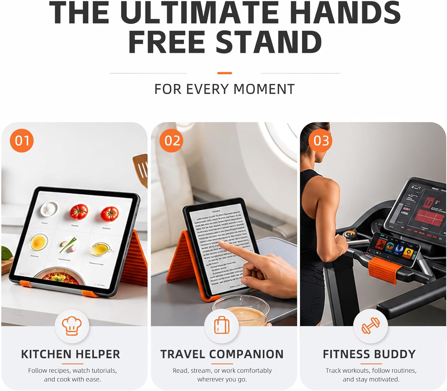2Pcs Silicone Phone Stand with Aluminum, Flexible Foldable Phone Holder for Long Travel Accessories, Universal Adjustable Anti-Slip Desktop Mount for Phone Tablet Laptop (Orange + Black)