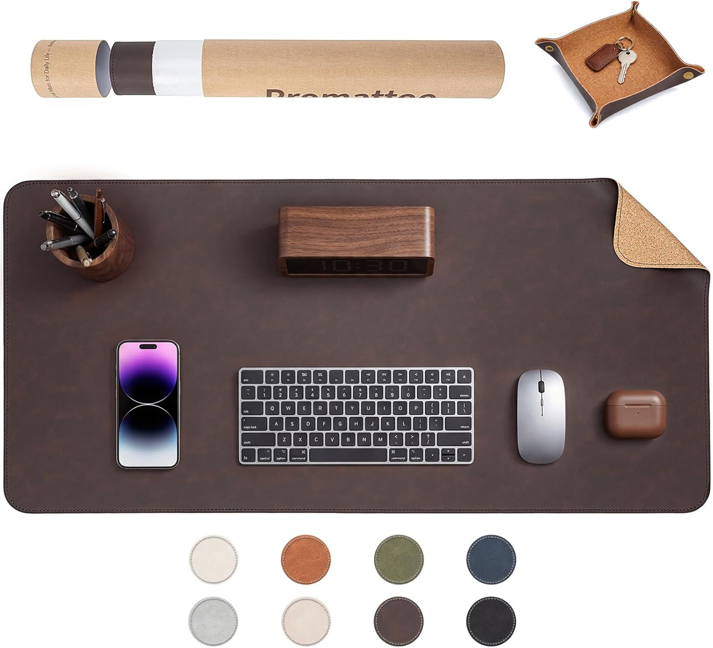 Premium Faux Leather Desk Mat & Tray Set，Innovative Cork-Look Printed Base，Gift Tube Packaging，Full-Desk Coverage，Non-Slip Desk Pad for Office Home（Olive Green）