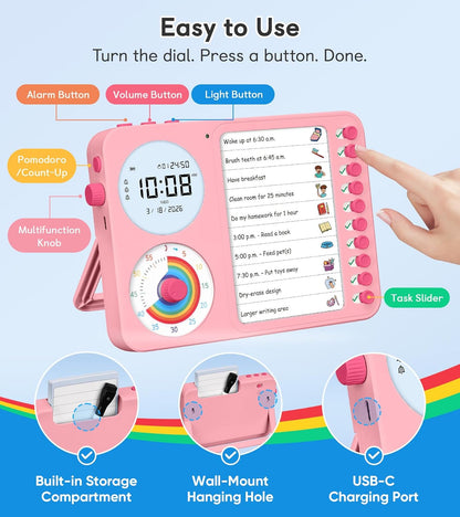 3-in-1 Visual Timer & ADHD Tool for Kids – ADHD Task Timer for Adults with Visual Schedule, Chore Chart & Planning Board for Home, School, Classroom, Work (White)