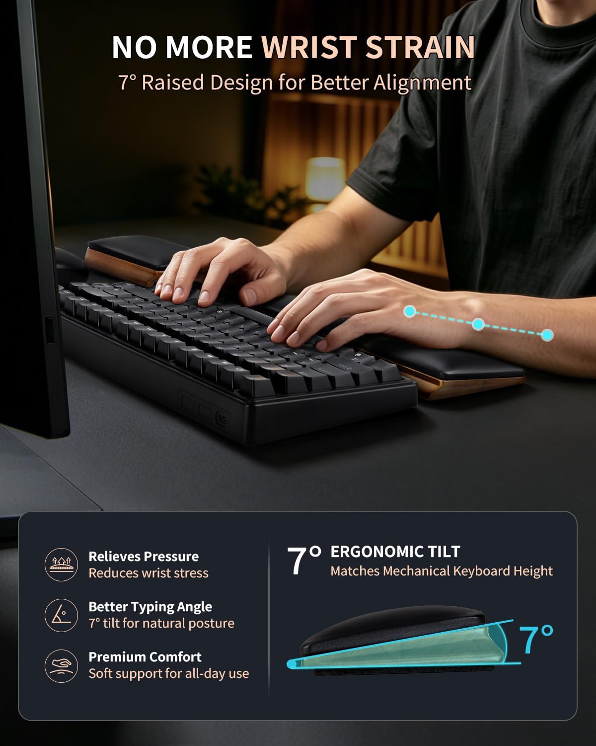 ASFSKY Keyboard and Mouse Wrist Rest Set for 60%-75% Compact Keyboards – Ergonomic Wooden Support Pad with PU Leather & Memory Foam, Anti-Slip Rubber Base for Gaming, Office & Typing Pain Relief