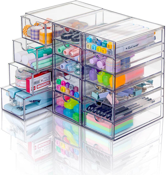 VZKAH Acrylic Organizer with Drawers | 20 Drawers 4 Sets | Desk Organizer and Storage, Clear Makeup Organization, For Office/Art Supply/Craft Storage and Organization