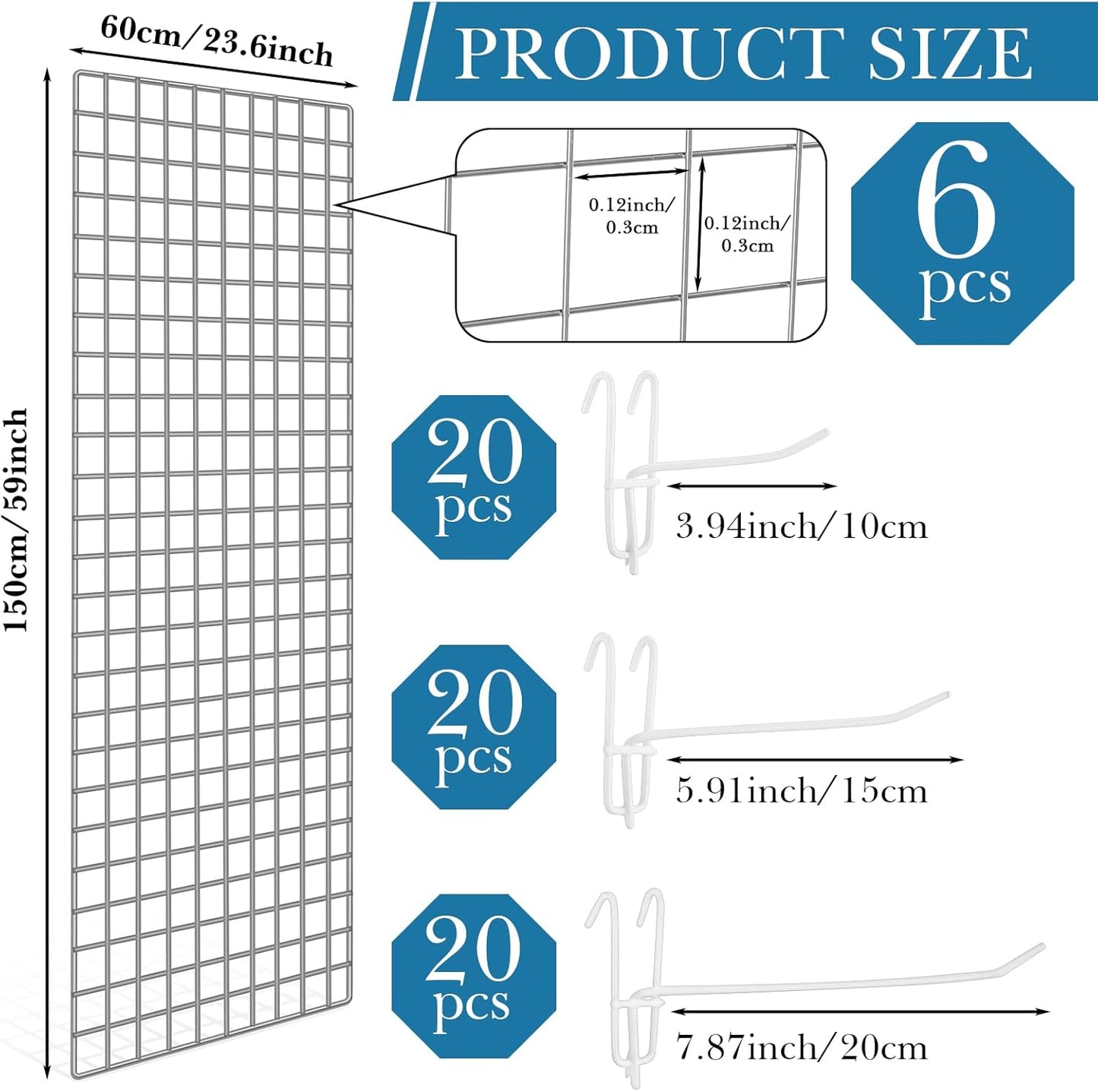 Hicarer 6 Pcs Commercial Grade Gridwall Panels for Display, Heavy Duty Wire Grid wall Display Rack Metal wall Mount Grid with 60 White Hooks for Retail Display Home Storage Vendor Events(2 x 4 ft)