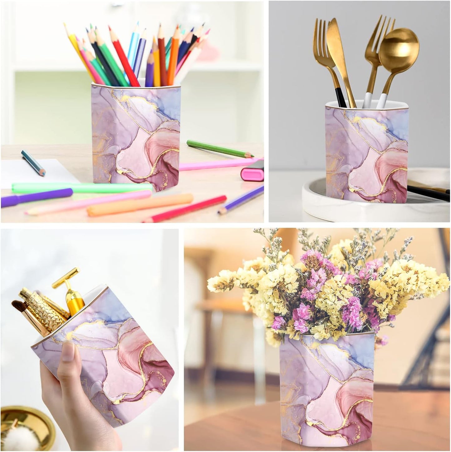 Pen Holder, Pencil Holder for Desk, Marble Desk Organizer Cute, Durable Ceramic Pencil Cup, Decorative Makeup Brush Holder Cup, Stationery Holder for Office, Home, Gray Marble