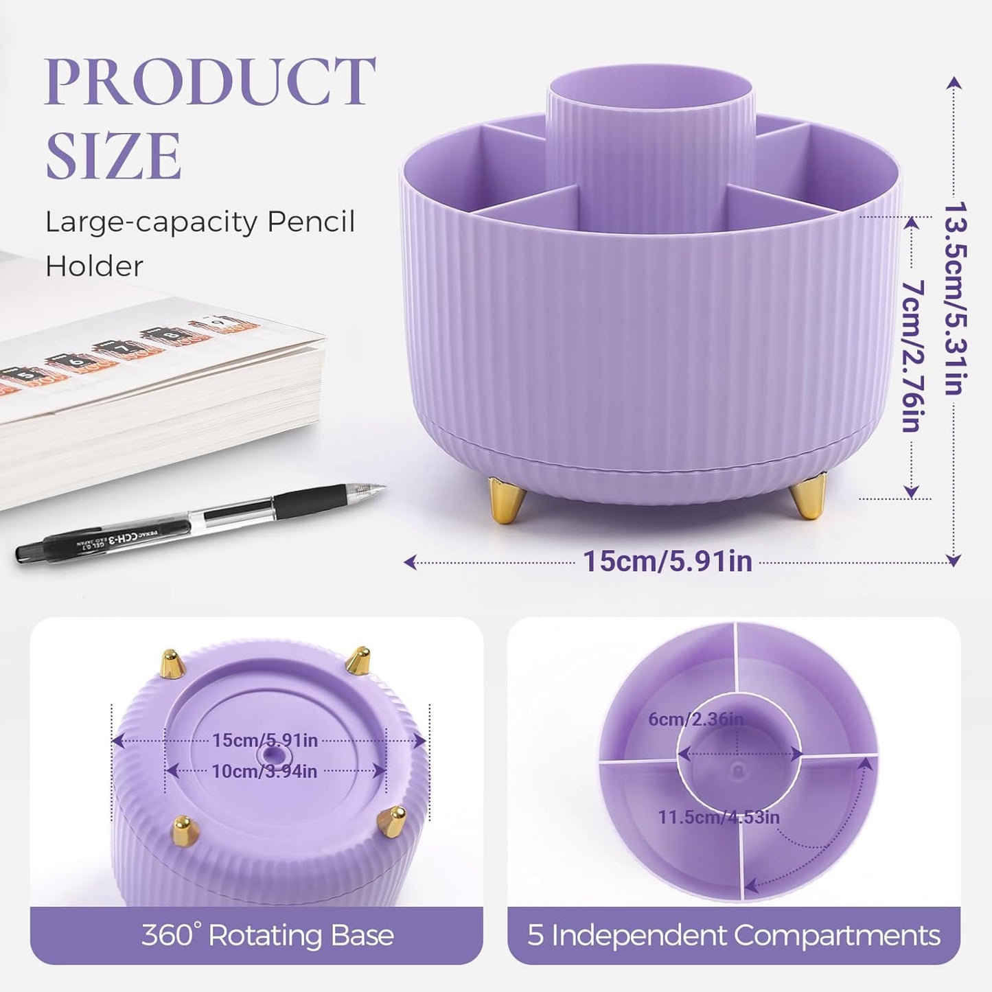 KONVINIT Pencil Pen Holder for Desk, 5 Slots 360 - Degree Rotating Desktop Organizer, Cute Desk Organizers and Accessories for School, Home, Office and Art Supply, Black