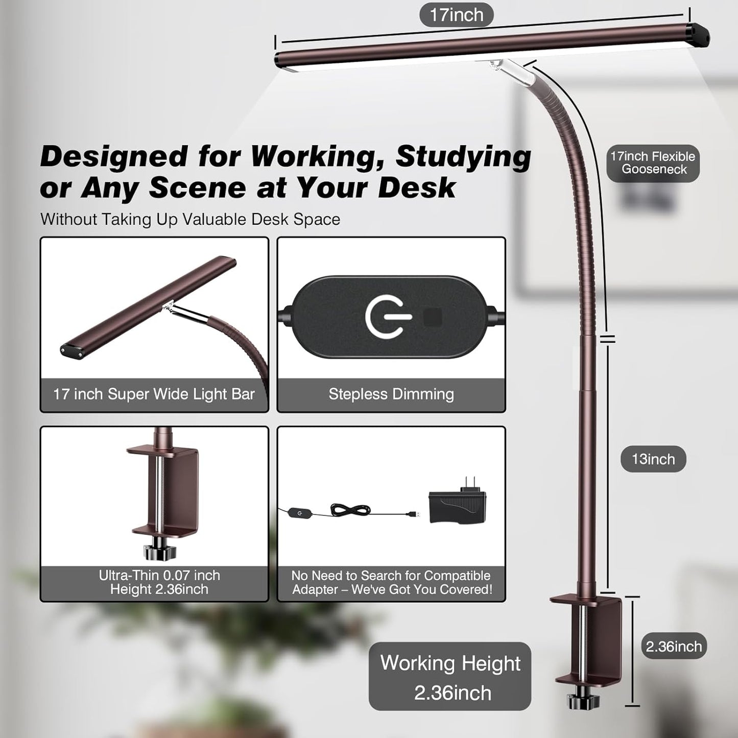 Airlonv LED Desk Lamp for Office Home, Eye-Caring Desk Light with Stepless Dimming Adjustable Flexible Gooseneck, 10W USB Adapter Desk Lamp with Clamp for Reading, Study, Workbench (Black)