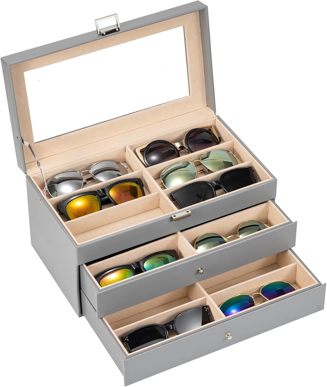 ProCase 3-layer Sunglasses Storage Organizer, 18 Slots Leather Sunglass Box Multiple Pairs Eyeglass Cases Eye Glass Eyewear Display Holder for Men Women, Valentine's Day Gift -Black