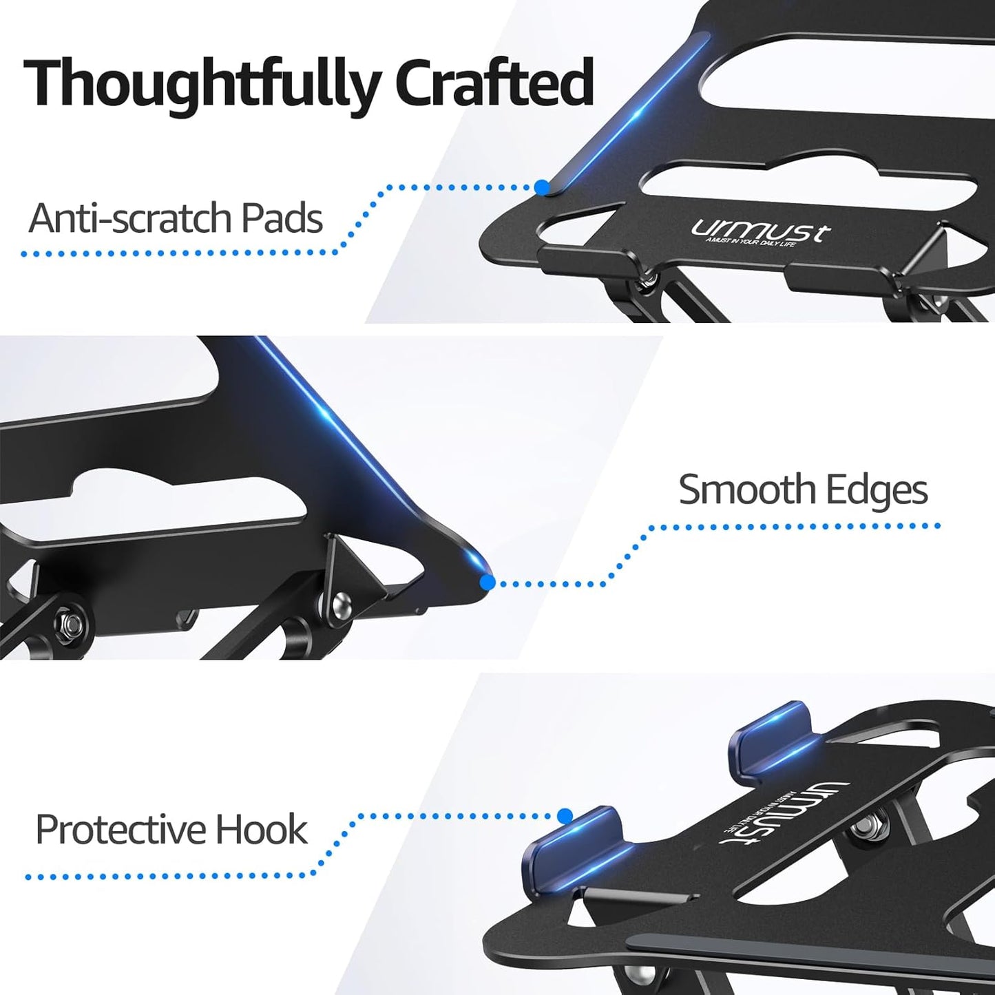 Urmust Aluminum Laptop Stand, Portable Laptop Riser, Adjustable Laptop Stand for Desk Foldable, Ergonomic Computer Notebook Holder for MacBook Air Pro HP, Office Desk Accessories (10-15.6'')- Black