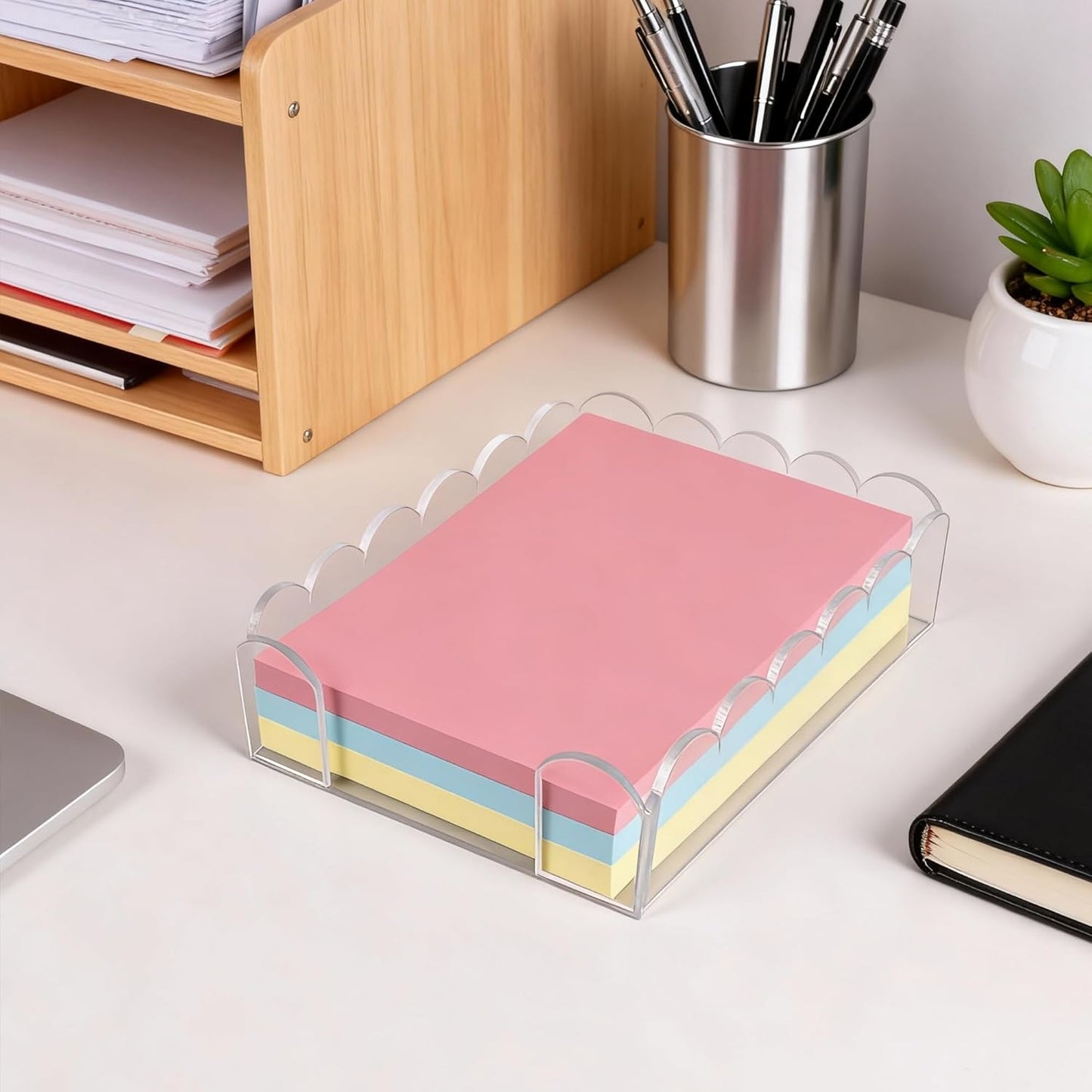 1 PC Scalloped Acrylic Sticky Note Holder 3"x3" Crystal Clear Sticky Note Holder Dispenser for Classroom, Desk Organizer Accessories for Dorm Room, School Office Necessities