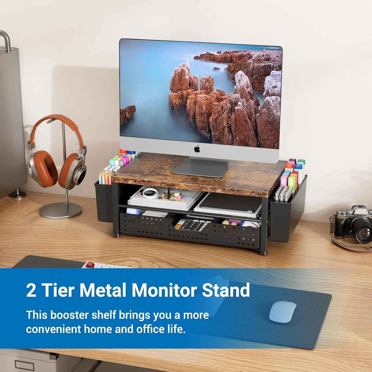 Wood Metal Monitor Stand Riser, Laptop Stand for Desk, Office Desk Organizer and Accessories, Computer Desktop Shelf with Drawer and Pen Holder, Printer Stand for Home, Office, Dorm (Natural Wood)