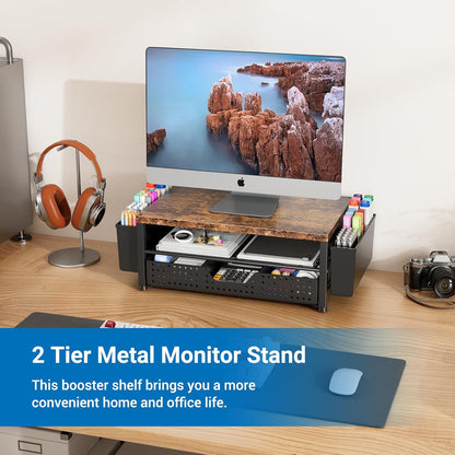 Wood Metal Monitor Stand Riser, Laptop Stand for Desk, Office Desk Organizer and Accessories, Computer Desktop Shelf with Drawer and Pen Holder, Printer Stand for Home, Office, Dorm (Natural Wood)