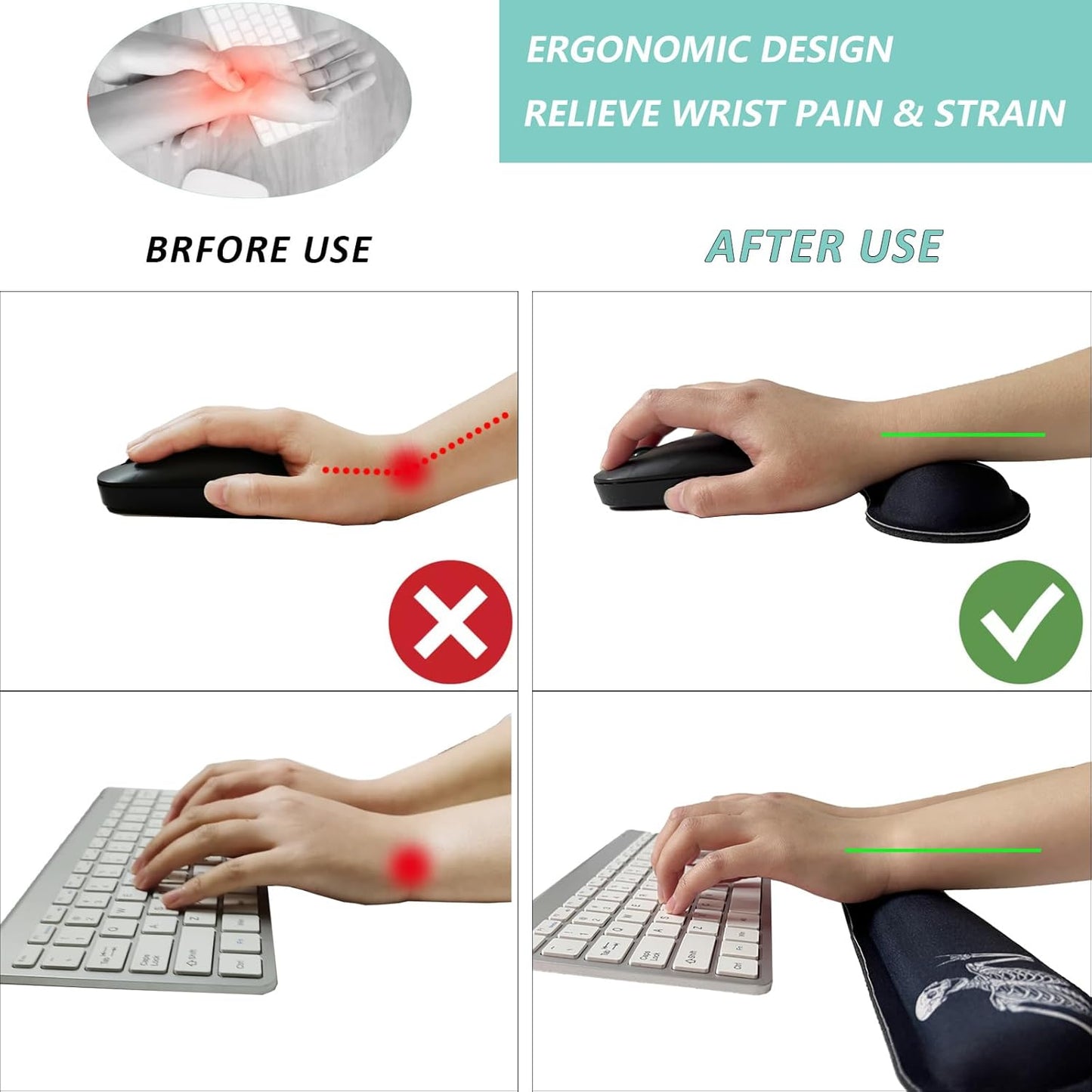 Keyboard Wrist Rest Mouse Wrist Support Set, Memory Foam Wrist Rest Pad for Computer Laptop Keyboard Mouse, Ergonomic Wrist Cushion Support for Typing Pain Relief, Gaming Home Office, Flowers Grass