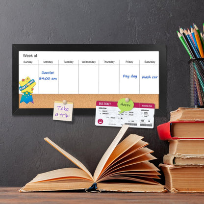 Magnetic Weekly Dry Erase White Board and Cork Board, Black Wood Frame，Magnetic Surface Whiteboard for Home Office and Wall Decor(ZHZL-2040BK)