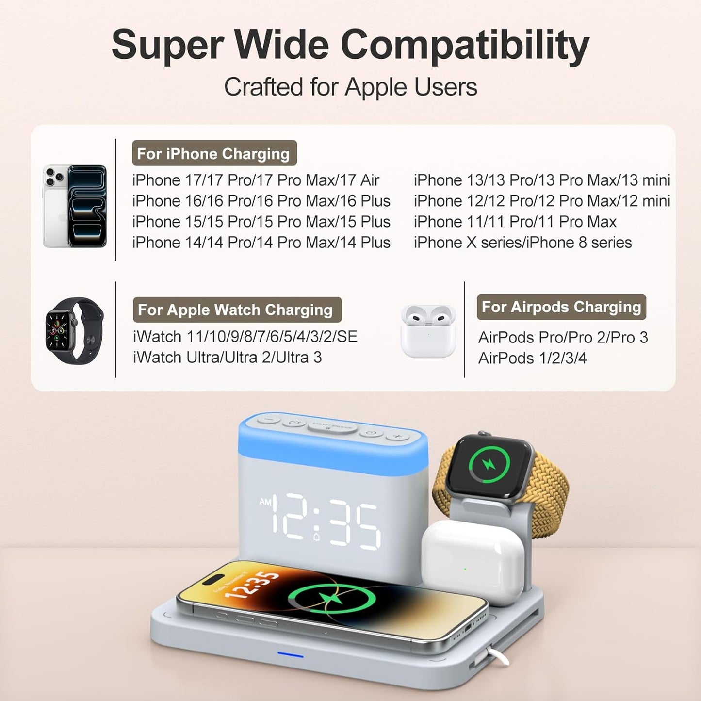ANJANK Wireless Charging Station,5 in 1 Multiple Charger Stand with Alarm Clock,7 Night Light,Magnetic Charging Dock for iPhone 17 16 15 14 13 12 Pro Max Plus,Apple Watch 11/10/9/8,for Airpods,Bedroom