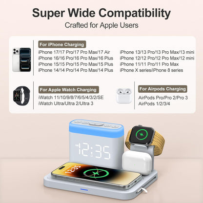ANJANK Wireless Charging Station,5 in 1 Multiple Charger Stand with Alarm Clock,7 Night Light,Magnetic Charging Dock for iPhone 17 16 15 14 13 12 Pro Max Plus,Apple Watch 11/10/9/8,for Airpods,Bedroom
