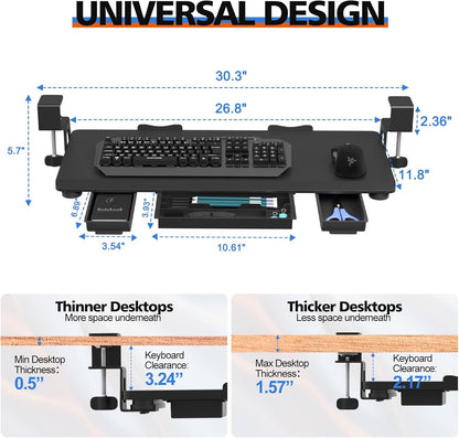 Large Height Adjustable Keyboard Tray with Sturdy C-Clamp Mount and Storage Drawer, 27"(31"Including Clamps) x 12" Slide Out Ergonomic Keyboard Trays for Home and Office, Black