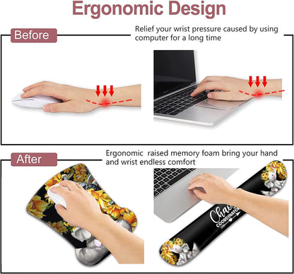 Mouse Pad with Wrist Support, Ergonomic Gel Mouse Pad Beautiful Flowers,Non-Slip Durable, Memory Foam Keyboard Wrist Rest, Suitable for Office Typing Games, Pink Hyacinths on Wood Panel