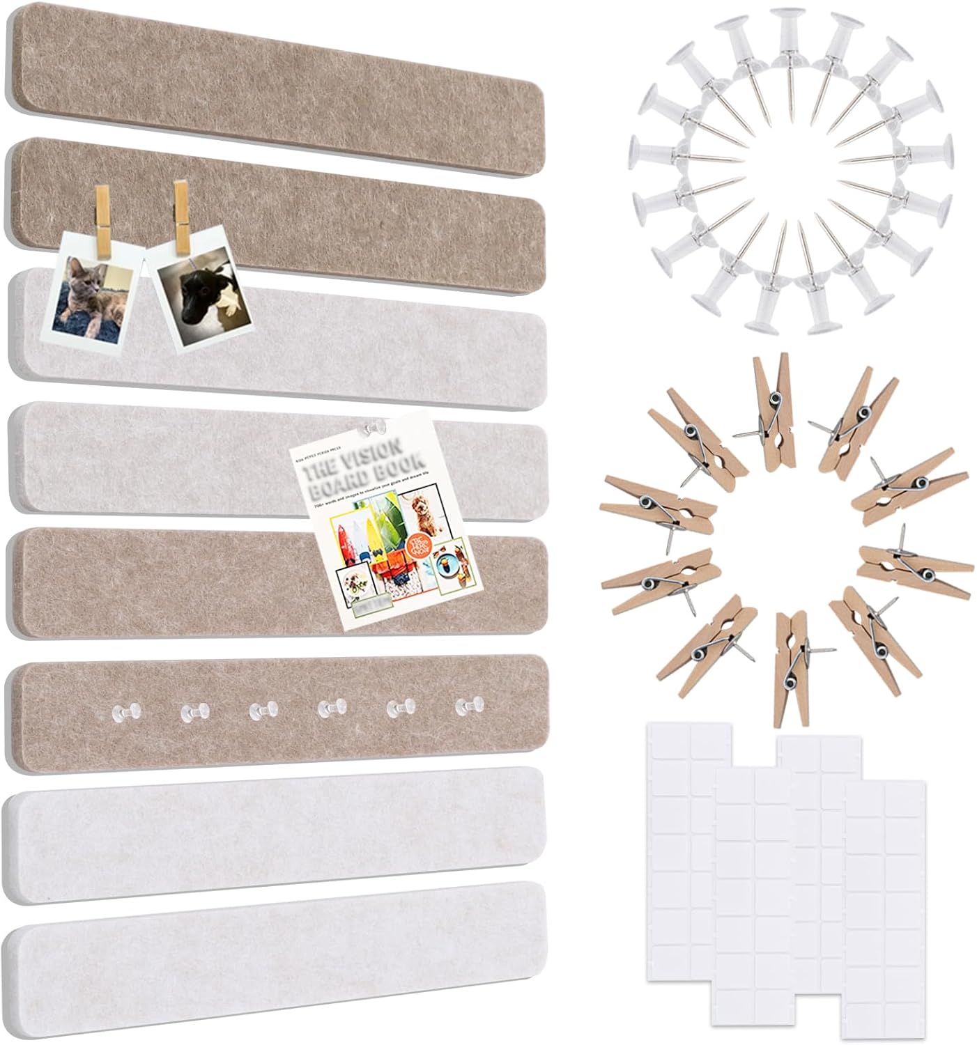 Vuzvuv 8 pcs Bulletin Board Bar Strips with 50 Pushpins & 10 Wooden Clip pins，Self Adhesive Cork Board for Wall，Felt Pin Board for School，Office Decor（Black White Grey）