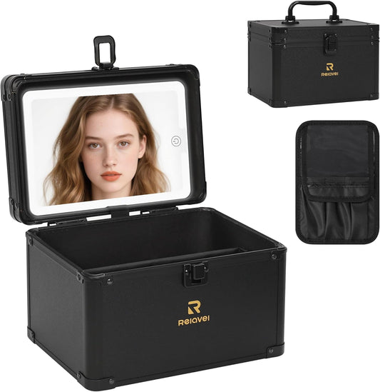 Relavel Travel Makeup Bag With LED Mirror, Cosmetic Train Case with Light up Mirror, Portable Makeup Artist Organizer Bag with Adjustable Dividers, Makeup Brush Holder Storage, Black