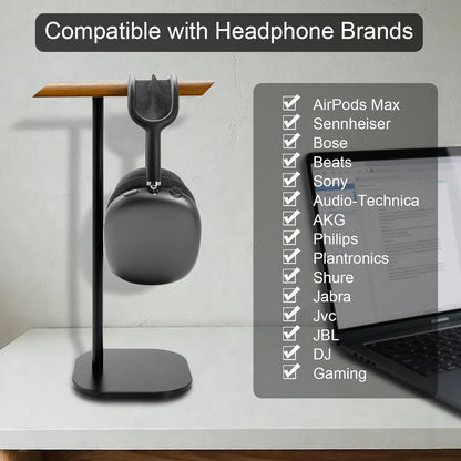 GEVO Headphone Stand for Desk, Walnut Wood & Aluminum Headset Stand, Universal Walnut Gaming Headset Holder with Solid Heavy Base for AirPod Max, Bose, Sony All Headphone Sizes (Square Base)