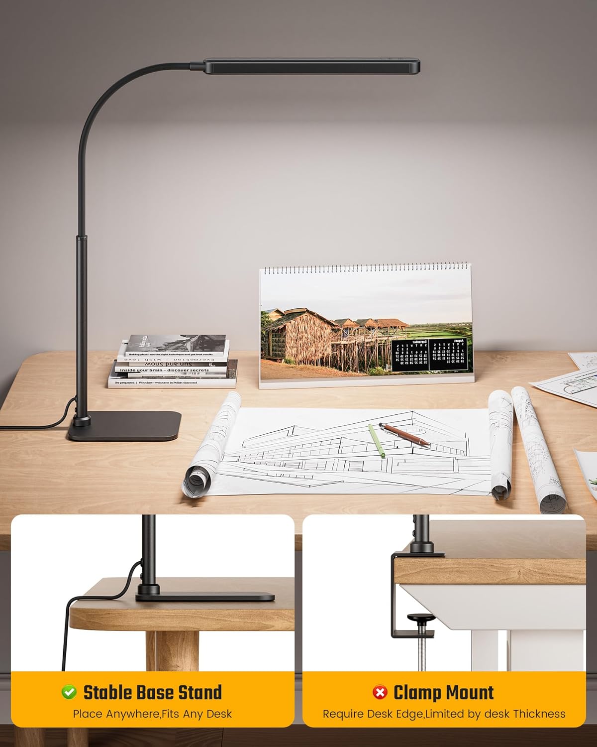 SUPERDANNY Eye-Caring LED Desk Lamp 360° Flexible Gooseneck Work Lamp with Desk Side Clamp Touch Control 3 Light Colors Smooth Dimming Task Lighting Reading Light for Home Office College Dorm, Black