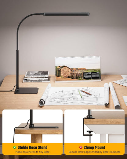 SUPERDANNY Eye-Caring LED Desk Lamp 360° Flexible Gooseneck Work Lamp with Desk Side Clamp Touch Control 3 Light Colors Smooth Dimming Task Lighting Reading Light for Home Office College Dorm, Black