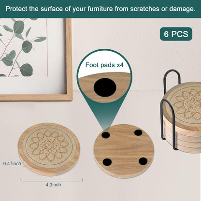 Wood Coasters for Drinks, Minacun Absorbent Coaster Sets of 5, Drinks Coasters for Coffee Tabletop Protection, Non-Slip, Non-Stick, Suitable for Kinds of Cups Wooden Table Drink, 4.3 Inches Black