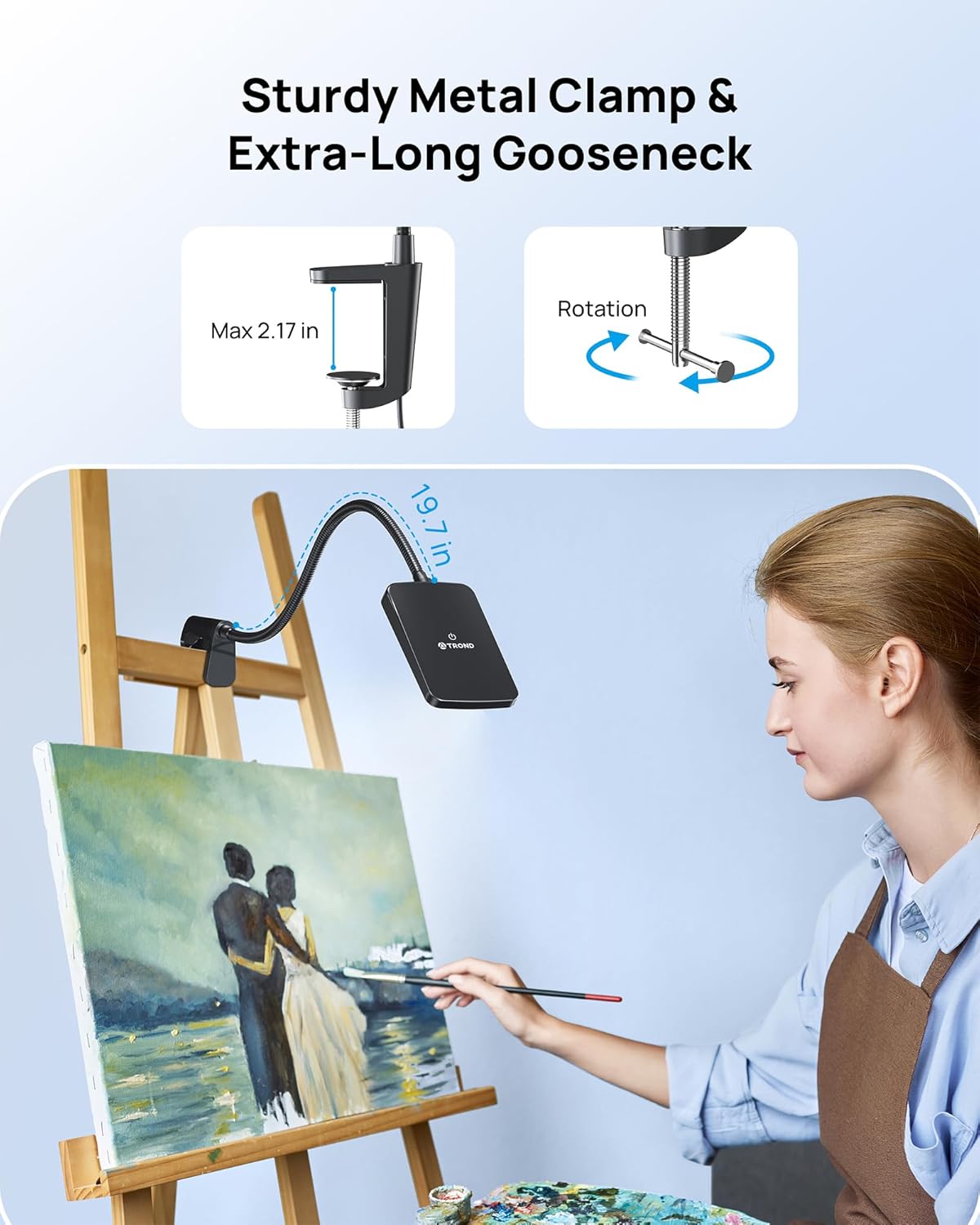 TROND LED Desk Lamp with Clamp, 1000LM Super Bright 3-Level Dimmable Desk Light 6000K Daylight, Extra-Long Flexible Gooseneck Clip on Light, Eye-Care Clamp Lamp for Painting, Workbench,Reading, Sewing