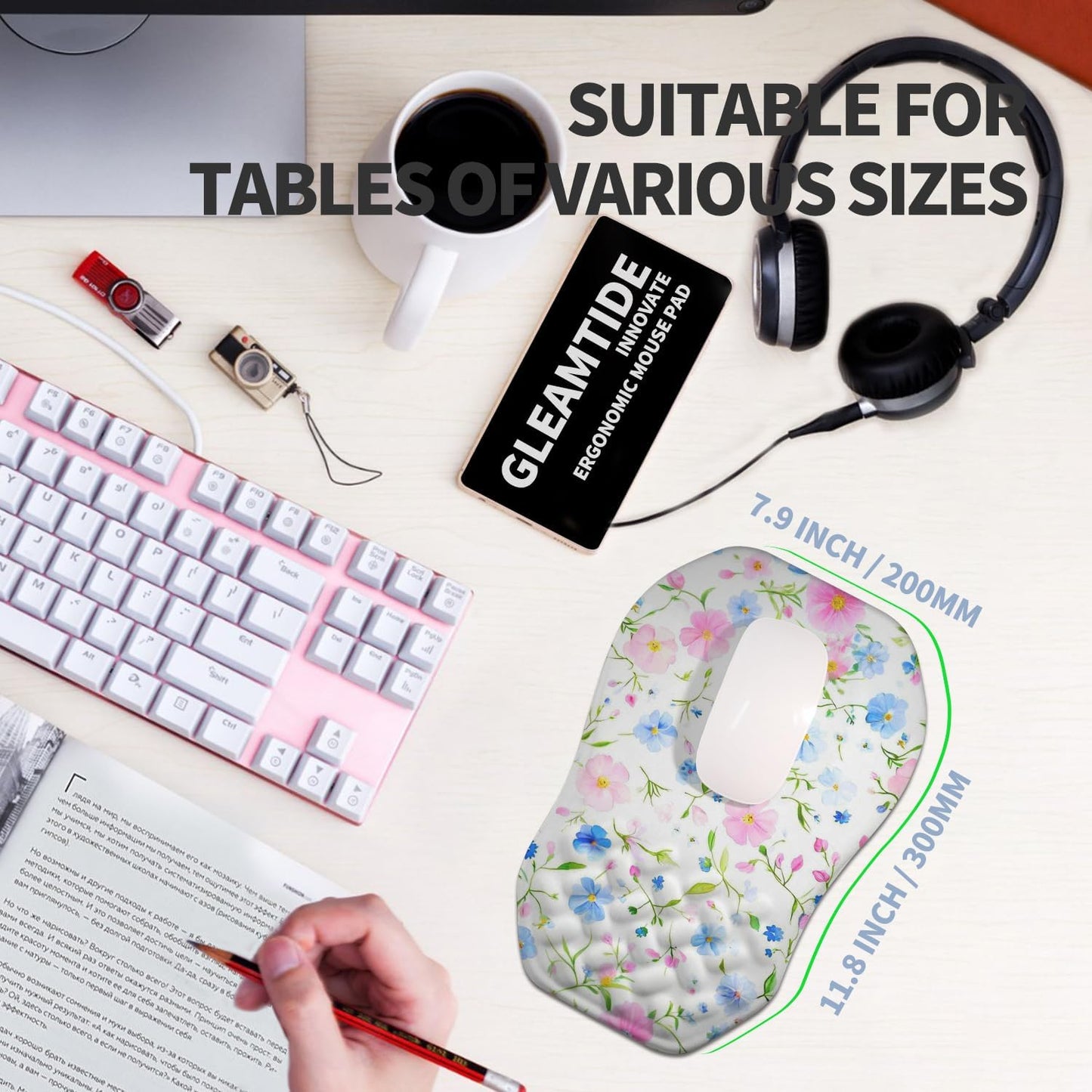 Ergonomic Raised Mouse Pad Wrist Support with Bilateral Slope Memory Foam Mousepad for Wrist Rest and Carpal Tunnel Pain Relief 11.8x7.9〃 Black