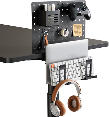 PEGZONE Desk Side Storage, 2-Slot Under Desk Laptop Holder, Vertical Laptop Stand with Headphone Holder and Pegboard Accessories, Desk Organizer for Office Gaming, Black