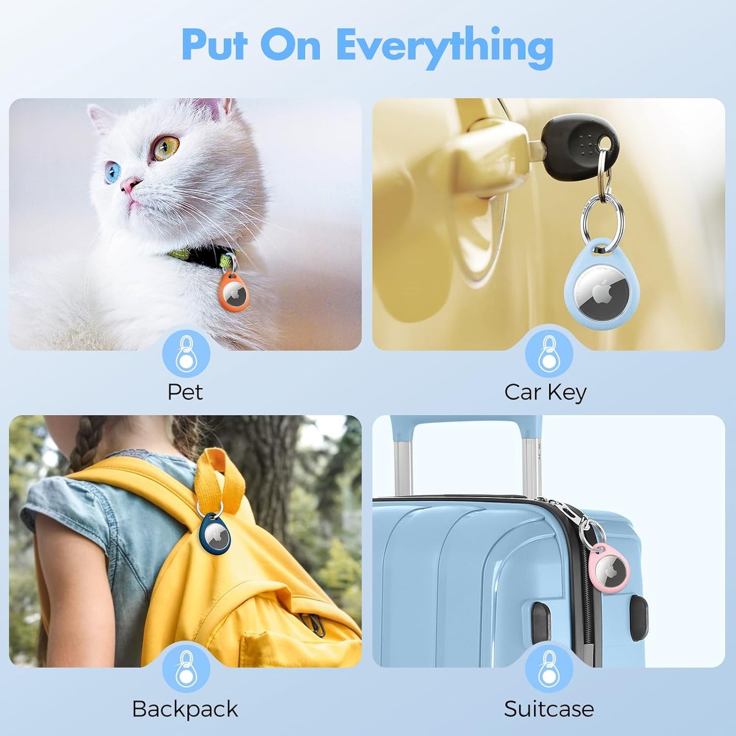 UNBREAKcable AirTag Holder for Apple - 4 Pack Air Tag Case [Fit Tightly Design] [Easy to Install] [Hold Securely] Waterproof TPU Protective Cover with Metal Keychain for Kids,Pet,Luggage,Backpack,Keys