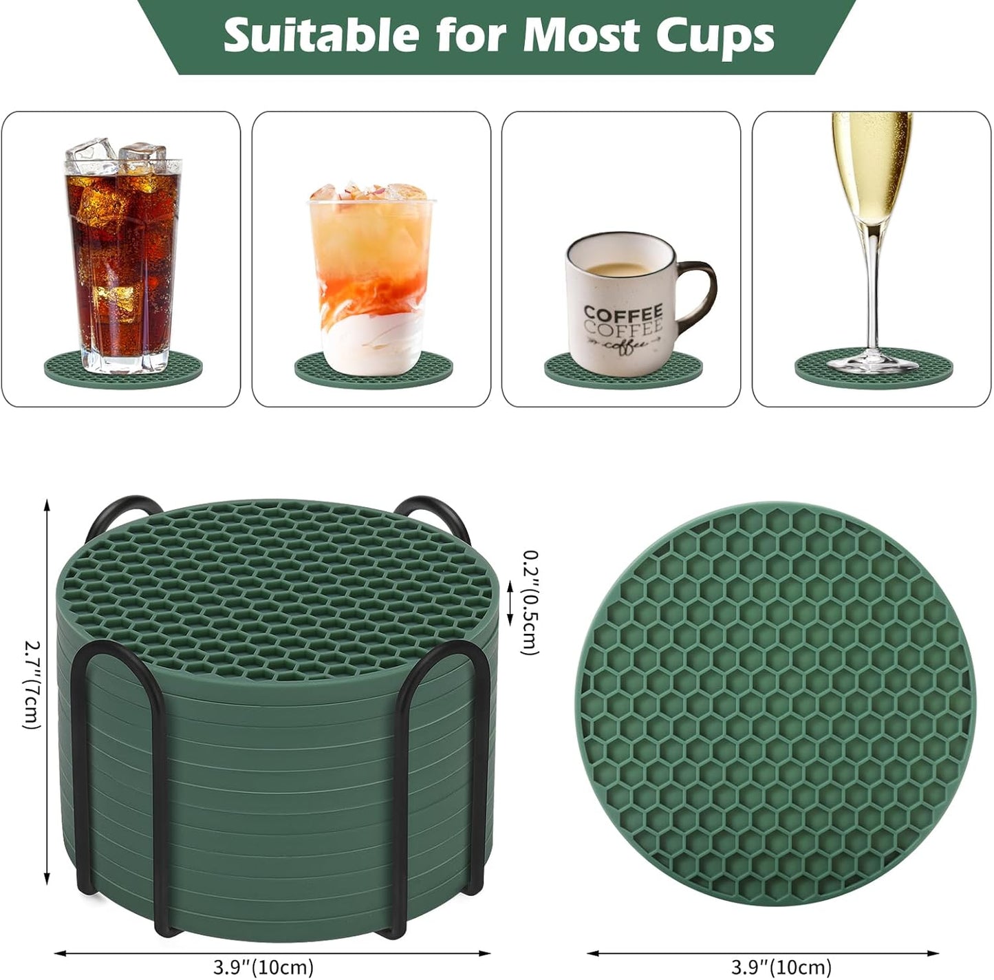 TWTLi Silicone Coasters Set of 8 with Holder,Coasters for Drinks,Beer,Coffee Coasters,Suitable for Kinds Cups,Hot or Cold,Anti-SLI,Non-Stick,Anti-Overflow Tabletop Protection and Decor (8 Pcs, Black)