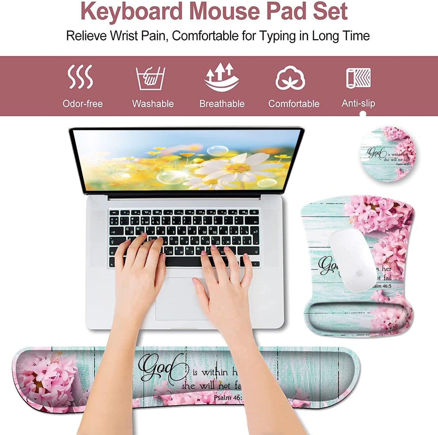 Mouse Pad with Wrist Support, Ergonomic Gel Mouse Pad Beautiful Flowers,Non-Slip Durable, Memory Foam Keyboard Wrist Rest, Suitable for Office Typing Games, Pink Hyacinths on Wood Panel