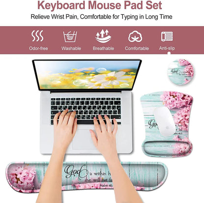 Mouse Pad with Wrist Support, Ergonomic Gel Mouse Pad Beautiful Flowers,Non-Slip Durable, Memory Foam Keyboard Wrist Rest, Suitable for Office Typing Games, Pink Hyacinths on Wood Panel