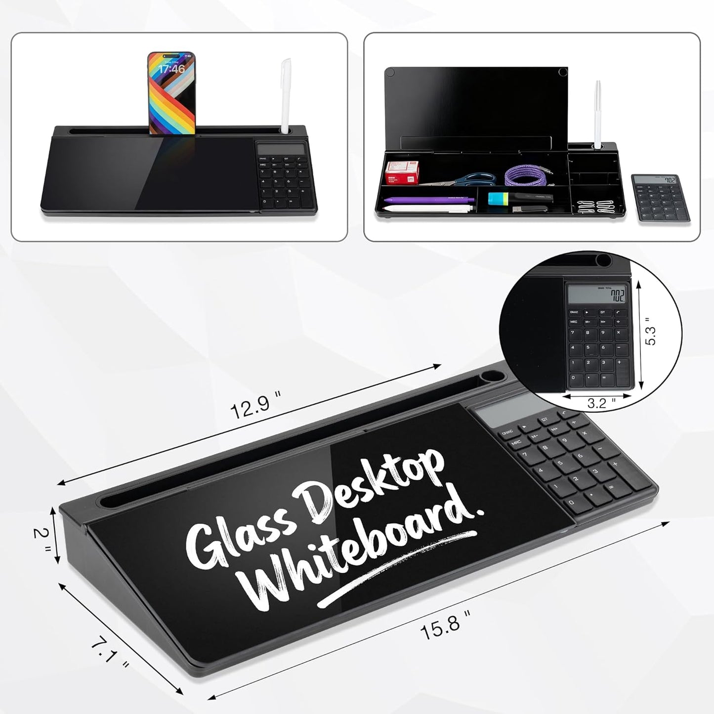 Glass Desktop Whiteboard 15.8×7”, Dry Erase Note Memo Board, Desk Organizer with Storage for Office, Home, Study, Black