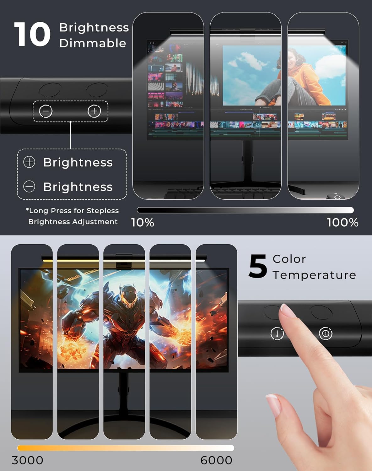 RGB Monitor Light Bar with Wireless Remote, Dual-Source Gaming Computer Lamp for Curved & Flat Monitors (0.39"-1.18"), Ambient Backlight, Stepless Dimming (Ra95), No Glare Desk Setup