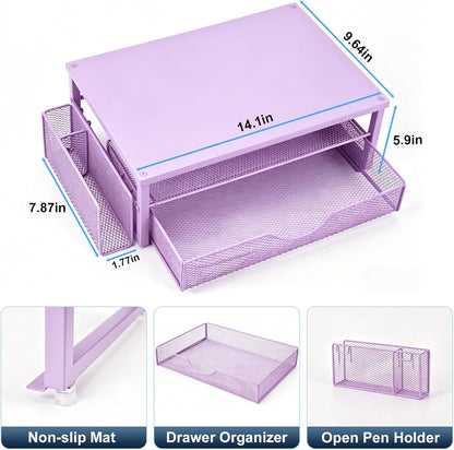 Spacrea Desk Organizer and Accessories, Computer Monitor Stand Riser with Drawer and 2 Pen Holders, Office Desk Accessories & Workspace Organizers for Office Supplies (Wood)