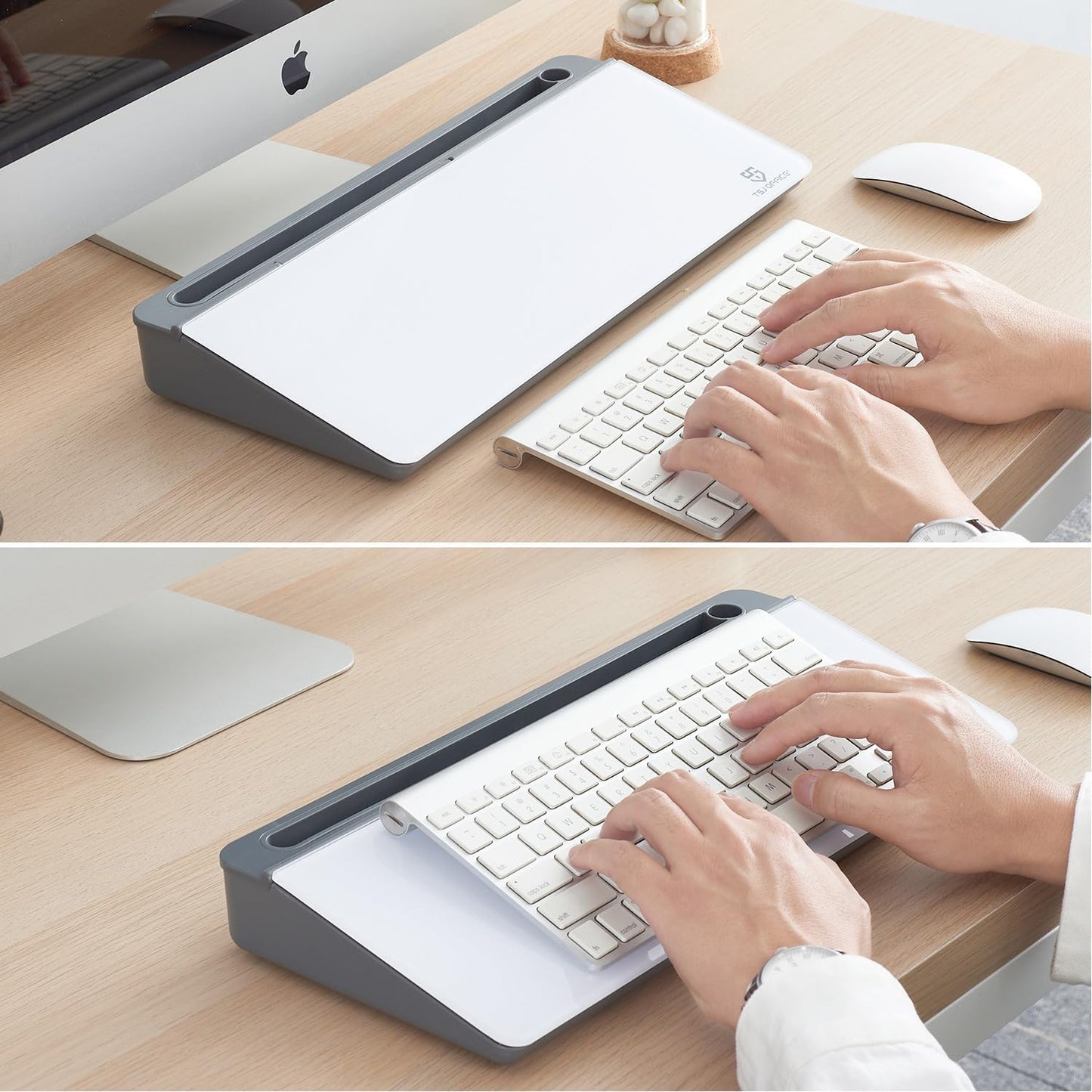 TSJ OFFICE Small Desktop Whiteboard -Glass Dry Erase Board Computer Keyboard Stand White Board Surface Pad with Drawer, Desk Organizers with Accessories for Office, Home, School Supplies - White