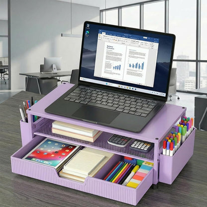 ECOLOVI Desk Organizer and Accessories, 2-Tier Computer Monitor Stand Rise with Storage Drawer & 2 Pen Holders, Laptop & Printer Stand for Desktop, Workspace Organizers for Office Supplies (Brown)