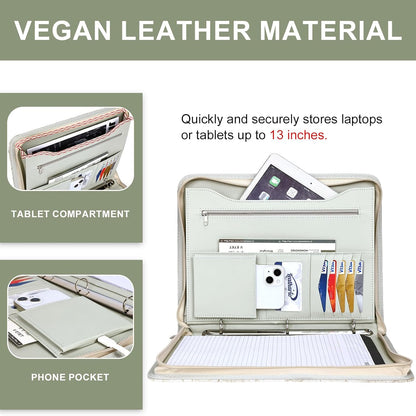 Leathario Portfolio Binder, Includes 10 Sheet Protectors and 3 Notepads, 3-Ring Folder Organizer, A4 Padfolio with Zipper, Vegan Leather Tablet Sleeve, Business Office Conference Clipboards