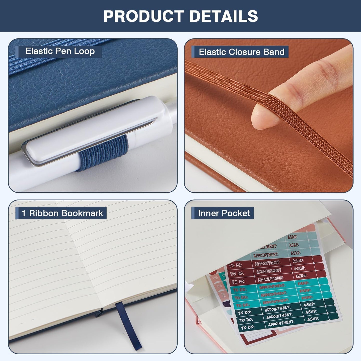 NIRMIRO 3 Pack Pocket Notebook Journals, Small Notepad Notebooks for Note Taking, A6 Mini Note pads with Pen Holder, 408 Lined Pages, 3.7" x 5.7", Black, Brown, Blue