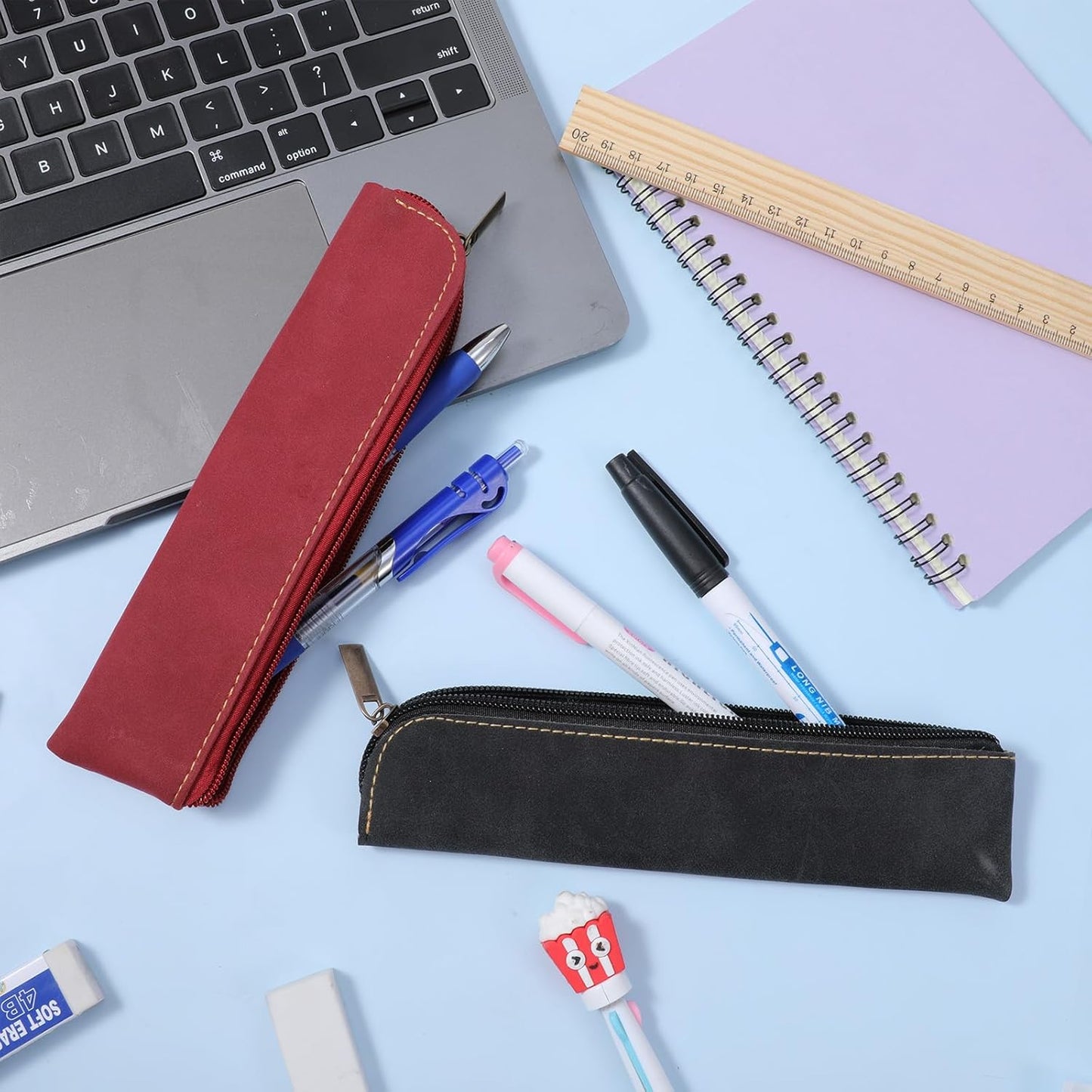 Psyqtsuary Leather Pencil Case, 2 Pcs Slim Small Pencil Pouch Portable Flat Pen Pouch with Zipper Simple Makeup Bag Lipstick Case for Women Men Home, Office, Travel Outdoor (Black, Claret)