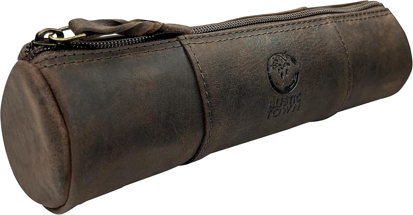 Rustic Town Leather Pencil Case - Full Grain Leather Zippered Pen Pouch - Stationery Bag Pen Holder for Work & Office