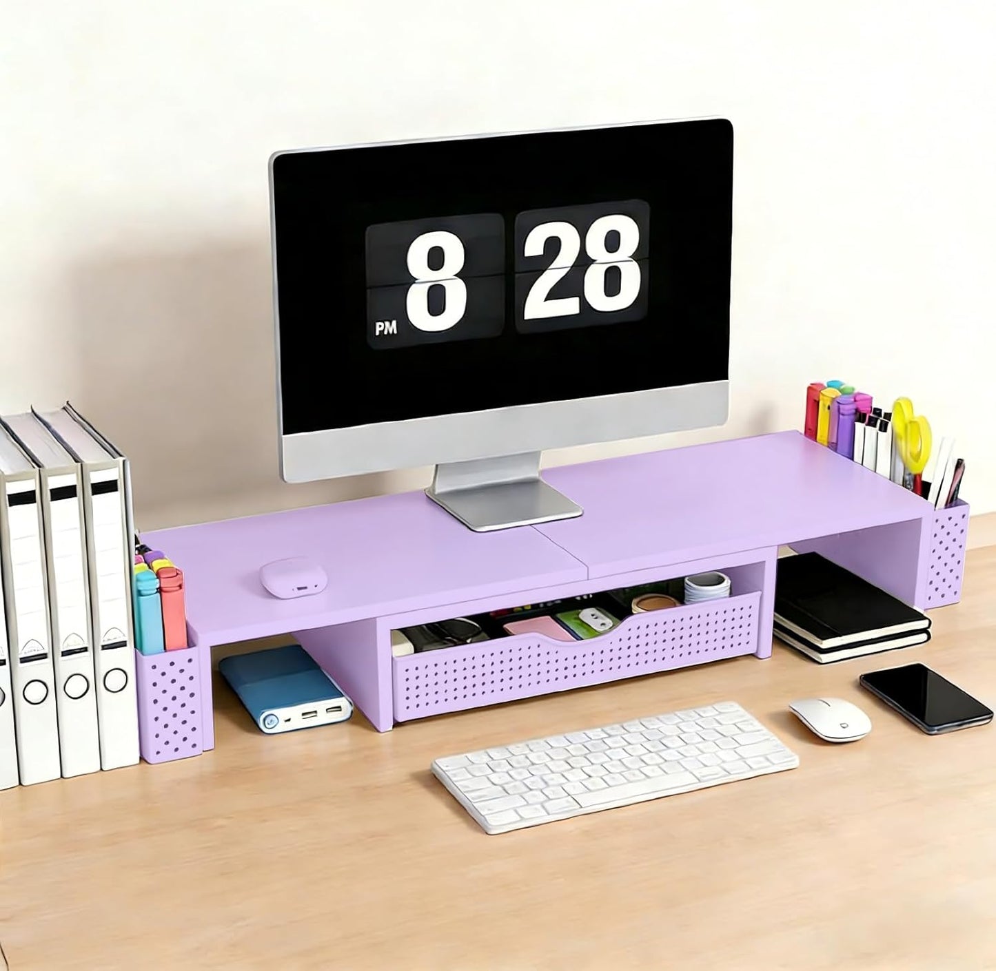 Spacrea Metal Desk Organizers and Accessories, Dual Monitor Stand Riser with Drawer and 2 Pen Holders, Desk Accessories & Workspace Desktop Organizers for Office Supplies (Wood)