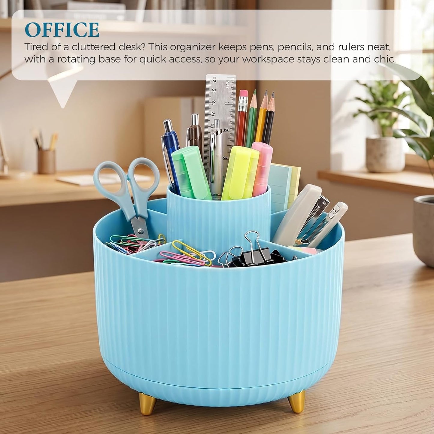 KONVINIT Pencil Pen Holder for Desk, 5 Slots 360 - Degree Rotating Desktop Organizer, Cute Desk Organizers and Accessories for School, Home, Office and Art Supply, Black