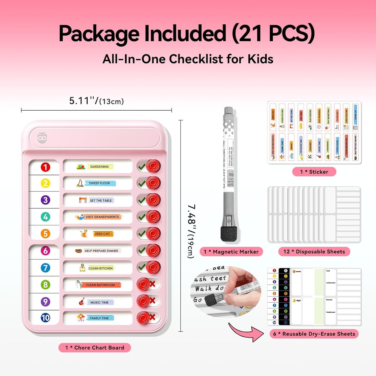 Chore Chart for Kids, Checklist Planning Board with Sliders, 19 Personalizable Sheets and Magnetic Marker, ADHD Tools for Kids to Do List Routine Chart Visual Schedule Board with Stand