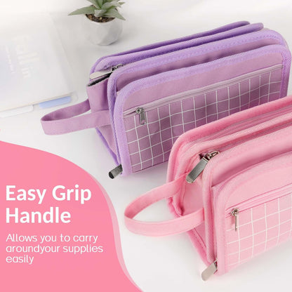 Sooez Large Pencil Case, Big Capacity Pencil Pouch Pen Bag with 3 Compartment, Portable Canvas Stationery Organizer with Zipper, Cute Aesthetic School Supplies for Teen Girls College, Pink with Plaid