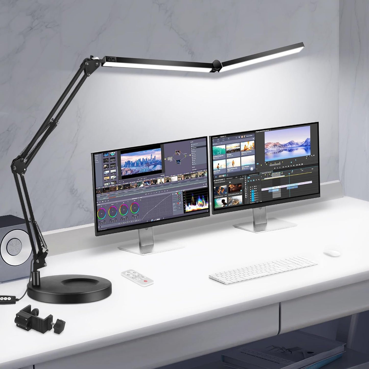 Toolour LED Desk Lamps for Home Office 2 in 1 Double Head Desk Lamp with Clamp Base,Remote Control,Dimmable Architect Clip on Desktop Computer Light Bar with Memory for Workbench Darkroom