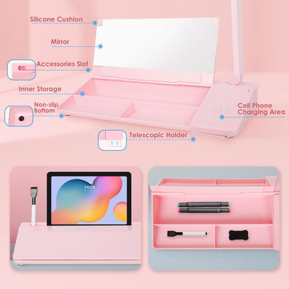 SHANTRA 16'' x 7'' Desktop Whiteboard with Fast Charger Station & Adjustable LED Lamp, Pink Desk Dry Erase Board with Organizer, Computer Pad & Keyboard Stand for Home, School, Office Desk Accessories