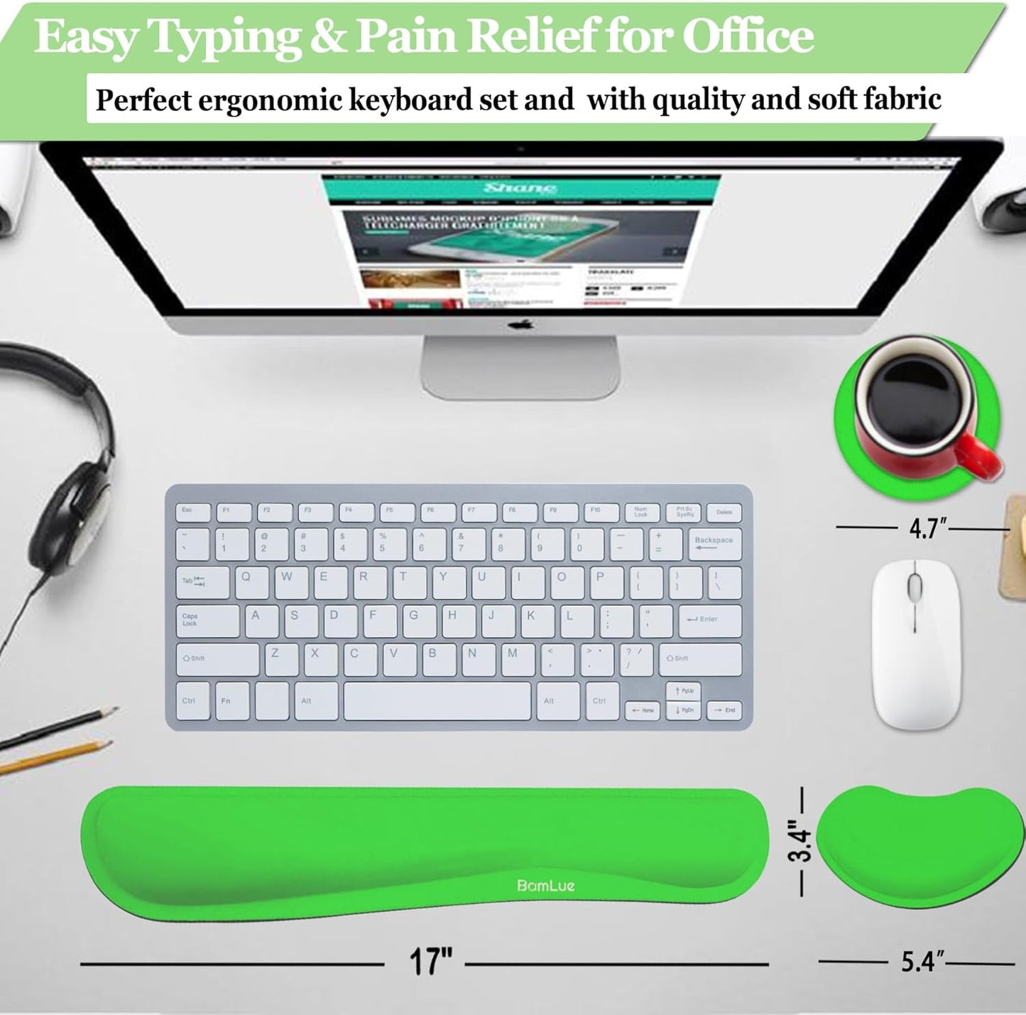 Keyboard Wrist Rest, BamLue Memory Foam Pad Set for Easy Typing & Pain Relief for Laptop, Office & Home, Ergonomic Sets for Keyboard, Gel Mouse Wrist Rest, Smooth Fiber Cushion Wrist Support-Black