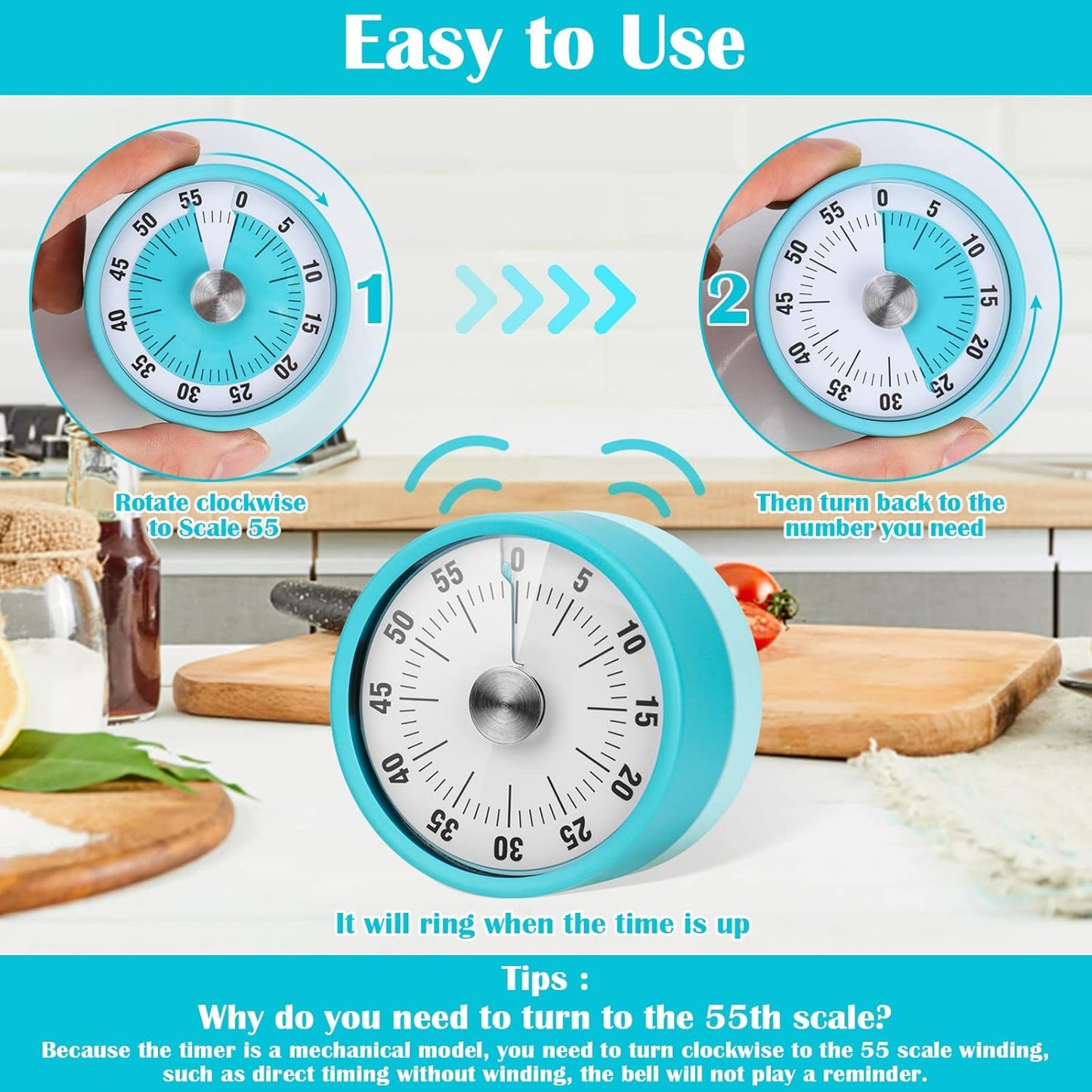 Kitchen Timer, 60-Minute Visual Timer for Kids & Adults, Wind Up Timer with Magnetic Backing, Loud Ring Timers for Classroom, Study, Cooking, Exercise